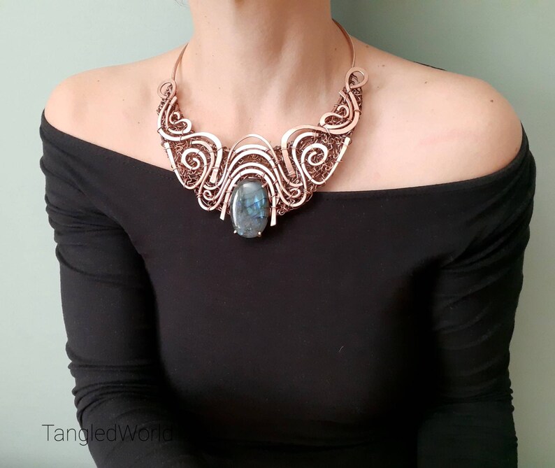 Wire wrapped statement necklace with Labradorite stoneCopper Etsy