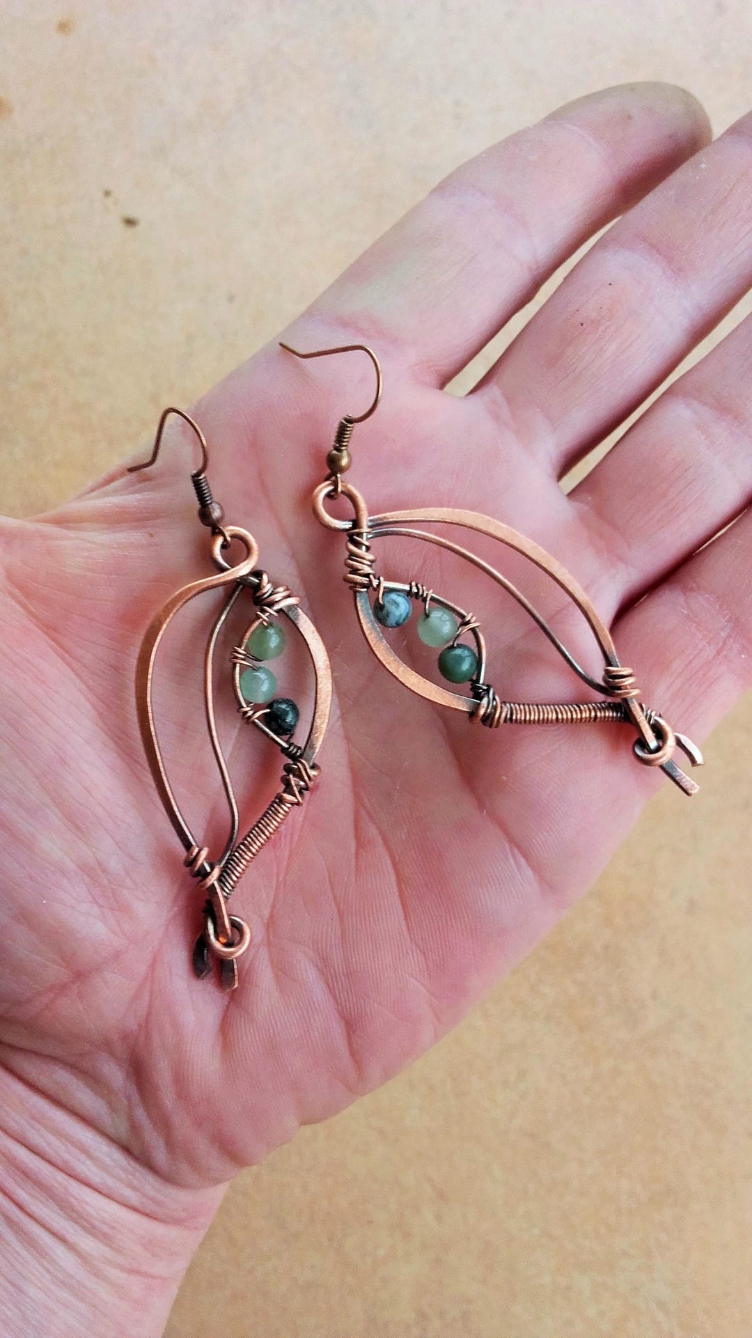 Leaf Copper Earrings With Dark Green Jade,copper Earrings,fairy Copper