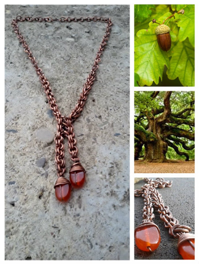 Copper Wire Chain Necklace With Orange Beadsforest Copper Etsy
