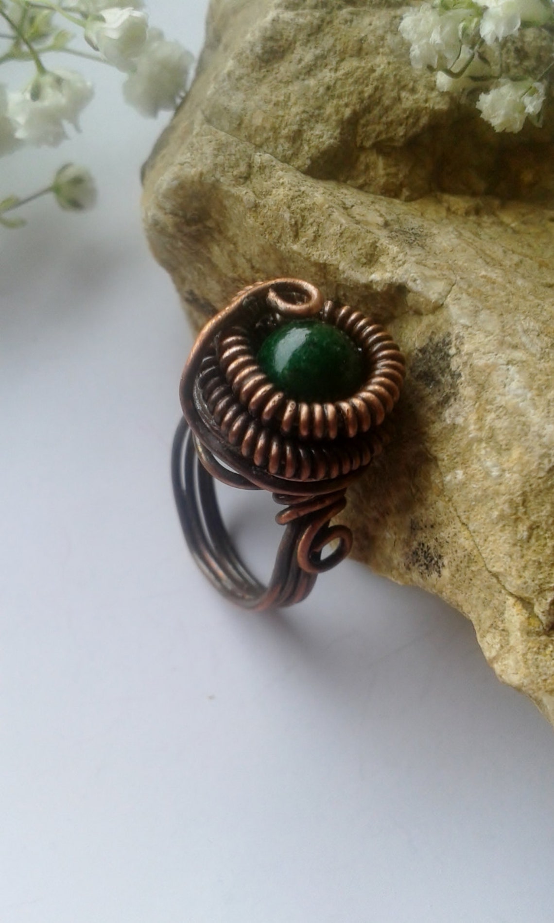 Copper Wire Ring With Natural Green Jadecopper Ringwoodland Etsy
