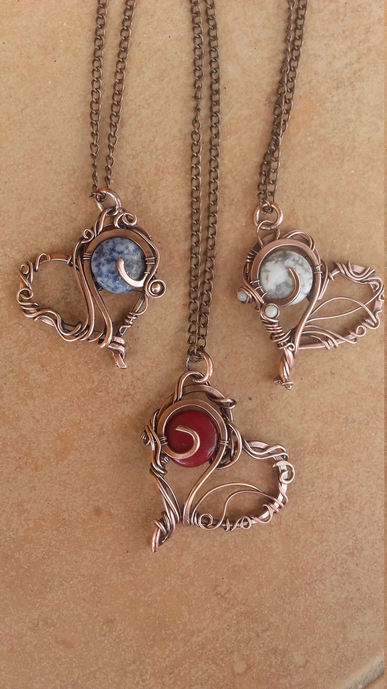 Copper wire heart pendant with natural gems on long copper Etsy