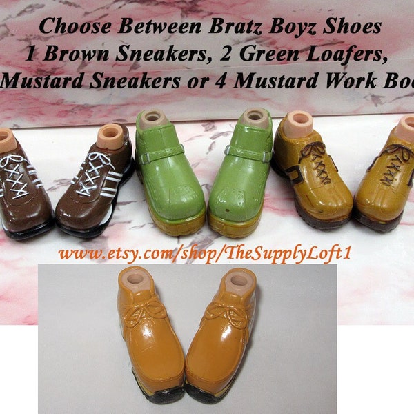 Vintage Bratz Boyz Shoes Choice between Brown Sneakers, Green Loafers, Mustard Sneakers or Mustard Work Boots for Display OOAK Doll Art