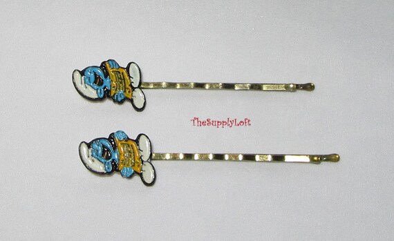Vintage Pair of Enamel Smurf Hair Pins Bobby Pins