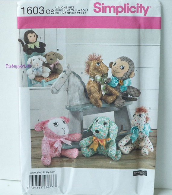 Simplicity 1603 Stuffed Toy Sewing Pattern 4 Animals Monkey Dog Lamb Pony 2 Size