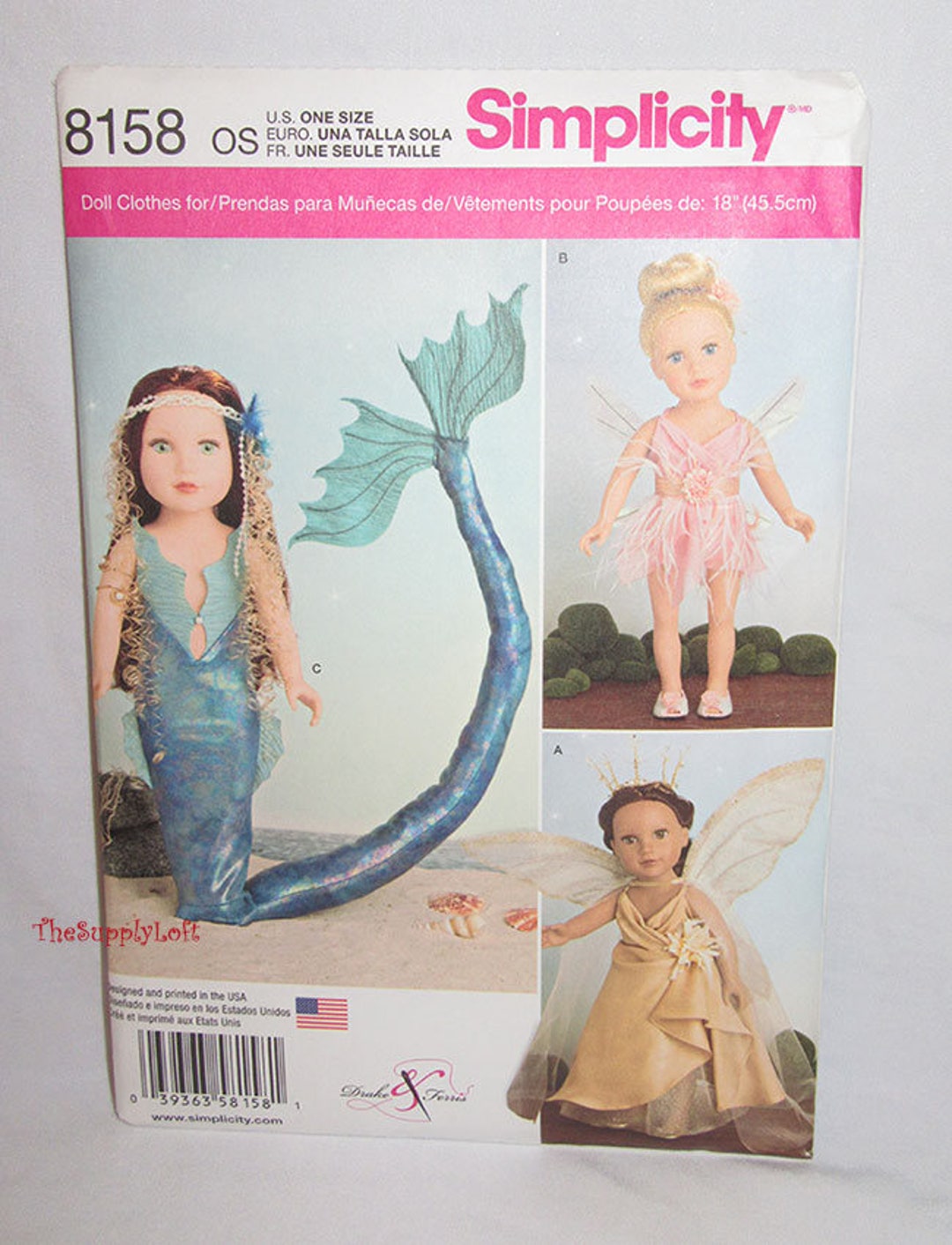 New Simplicity 8158 Pattern Mermaid Fairy and Pixie Patterns for 18 Inch  Size Doll Cusom OOAK Thesupplyloft1 