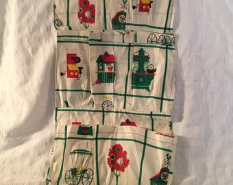 1940s mid century vintage 6 pocket shoe toiletry fabric kitchen bag handmade cotton