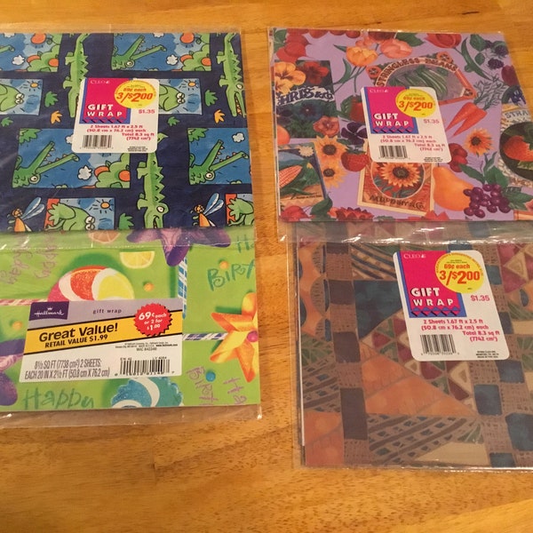 1990s Cleo gift wrap paper juvenile dinosaurs birthday pinwheels abstract seed packets four packages MIP #1