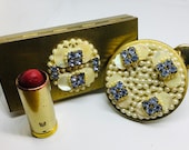 Vintage brass rhinestone mother of pearl faux pearls mirrored makeup cosmetics lipstick case matching cigarette case set