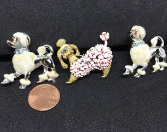 1950s mid century French poodle scatter pins brooches rhinestones flocked spaghetti  costume jewelry