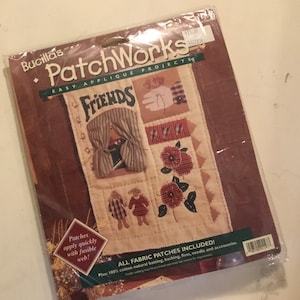 Può includere: Un kit di progetto di applique facile Bucilla's PatchWorks intitolato "Friends". Il kit include tutti i pezzi di stoffa, l'imbottitura, il retro, il filo, l'ago e gli accessori. L'immagine mostra un progetto completato con una mano, una finestra e dei fiori.