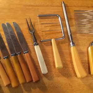 1940s Bakelite kitchen Cooking picnic camping utensils carving serving dining butterscotch  knives  dinnerware   gadgets