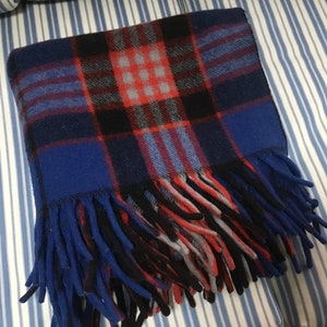 1960s wool red blue grey plaid blanket throw camping cabin linen