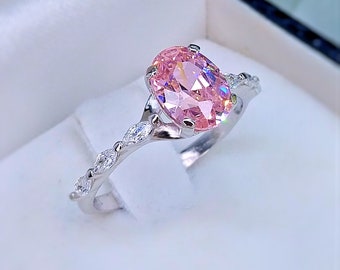 White gold ring with 6x8 natural pink Morganite and 3*1.5 natural navette cut diamonds