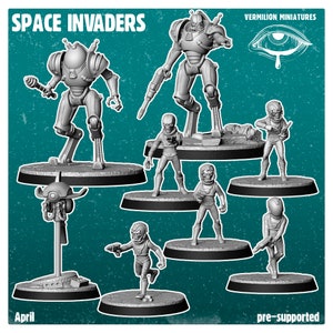 May include: A collection of gray miniature figures, including robots and space-suited characters, on circular bases. The figures are from the "Space Invaders" series, with the title text at the top. The image also includes the text "April" and "pre-supported".