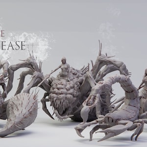 Peut inclure: Quatre sculptures détaillées en 3D imprimées en gris de créatures ressemblant à des scorpions avec des figures humaines à cheval sur le dessus. Les sculptures sont posées sur une surface blanche. Le texte "REALSTEONE MAY RELEASE" est visible dans le coin supérieur gauche de l'image.
