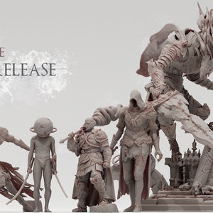 May include: A collection of seven detailed, gray, 3D printed figurines. The figurines depict various characters, including a knight, a warrior, and a creature with wings. The text "REALSTEONE JANUARY RELEASE" is visible at the top of the image.