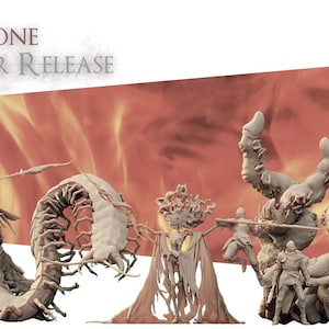 May include: A collection of seven detailed, hand-painted, miniature figurines depicting various creatures. The figures are made of a light gray material and are set against a fiery orange background. The text "REALSTONE SEPTEMBER RELEASE" is displayed at the top of the image.