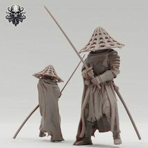 May include: Two gray painted miniature figures of warriors wearing helmets and armor with large conical hats. The figures are holding swords and are posed in a fighting stance.