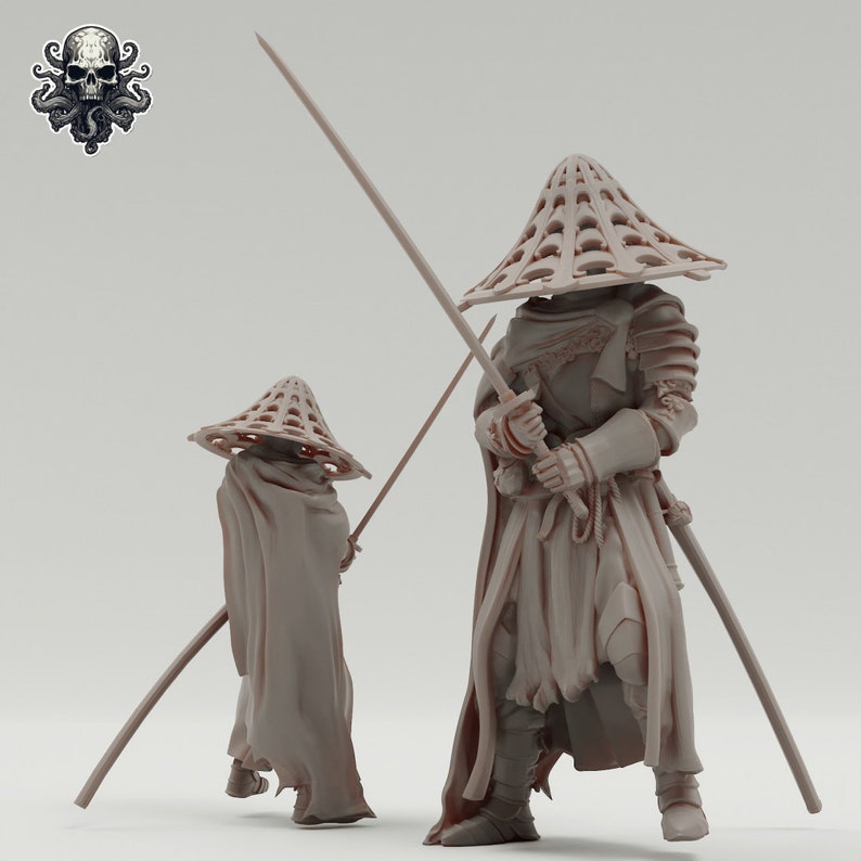 May include: Two gray painted miniature figures of warriors wearing helmets and armor with large conical hats. The figures are holding swords and are posed in a fighting stance.