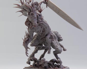 May include: A detailed, grey, 3D printed miniature of a monstrous creature with a sword, standing on a base with skeletal remains. The creature has a horse-like body with multiple limbs and a head with a large, open mouth.