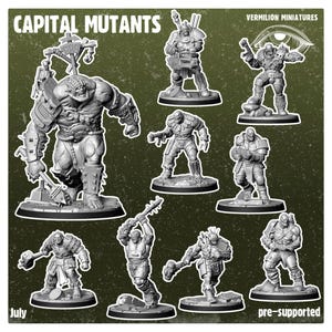 May include: A set of 9 pre-supported 3D printed miniatures of mutated humanoids, called Capital Mutants, for tabletop gaming. The miniatures are grey and feature various poses and weapons. The miniatures are from Vermillion Miniatures.