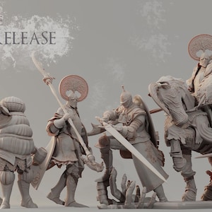 May include: A set of six detailed, unpainted, miniature figures of knights and warriors. The figures are posed in a variety of fighting stances and are ready to be painted.