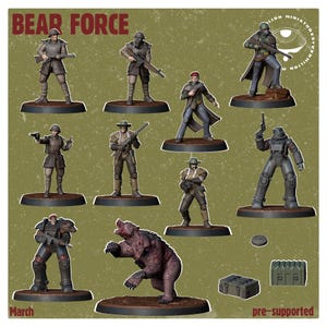 May include: A set of 10 pre-supported 3D printed miniatures for tabletop gaming. The set includes a bear, a human figure in a power armor suit, and eight human figures in various poses. The miniatures are painted in a variety of colors, including brown, green, and gray. The miniatures are designed for use with the "Bear Force" game.