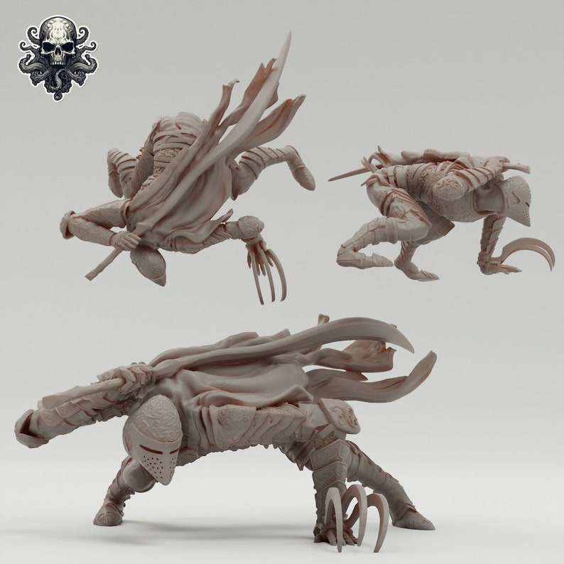 May include: Three gray 3D printed figurines of a knight in different poses. The knight is wearing armor and a flowing cape. The knight is holding a sword in one hand and a shield in the other. The knight is standing on a white background.