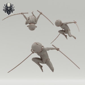 May include: Three gray figurines of people wearing helmets and holding swords. The figurines are posed in different action poses, as if they are fighting.