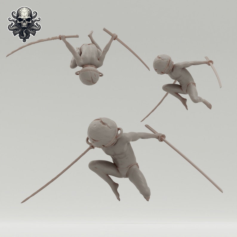 May include: Three gray figurines of people wearing helmets and holding swords. The figurines are posed in different action poses, as if they are fighting.