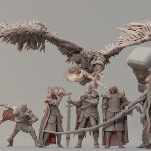 Puede incluir: Un grupo de siete figuras detalladas, que incluyen una criatura alada, un guerrero con un martillo y varias figuras humanoides. Las figuras están hechas de un material gris claro y parecen ser de estilo fantástico o medieval.