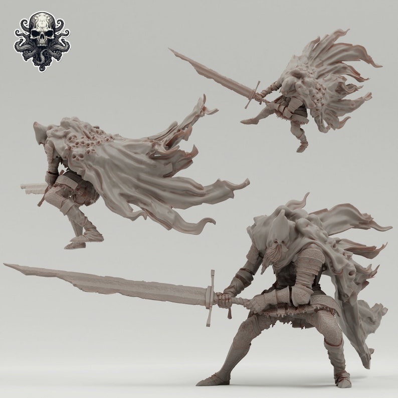 May include: Three detailed, gray, plastic figurines of a knight wearing a hooded cloak and holding a sword. The cloaks are flowing and have a textured, organic design.