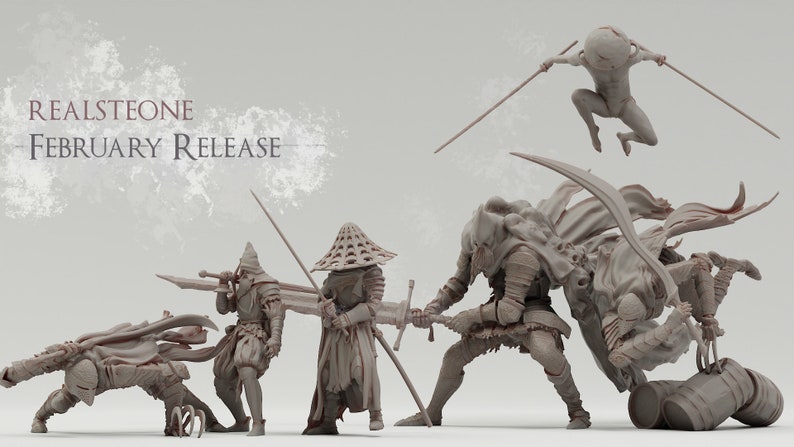 May include: A set of five grey 3D printed figurines depicting characters from a fantasy game. The characters are posed in various fighting stances, holding swords, spears, and other weapons. The figurines are made of a smooth, detailed plastic.
