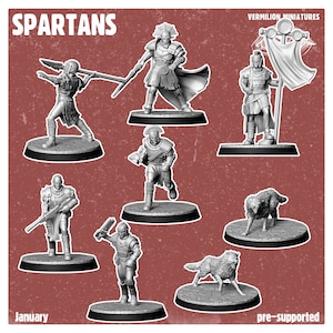 May include: A set of 3D printed miniatures depicting Spartans, including warriors, a wolf, and a standard bearer. The miniatures are pre-supported and ready to be printed.  VERMILION MINIATURES and pre-supported are printed on the image.