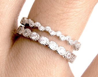 2 Piece Baroque Eternity Band Ring Set: CZ Sterling Silver Stack Rings