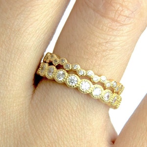 2 Piece Yellow Gold Cubic Zirconia Eternity Ring Set: Sterling Silver Stacking Bands