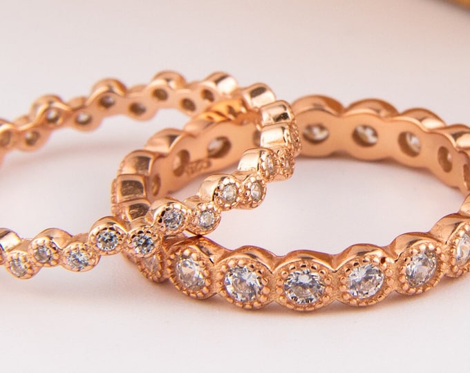 Rose Gold Cubic Zirconia Ring Set: Sterling Silver Eternity Bands