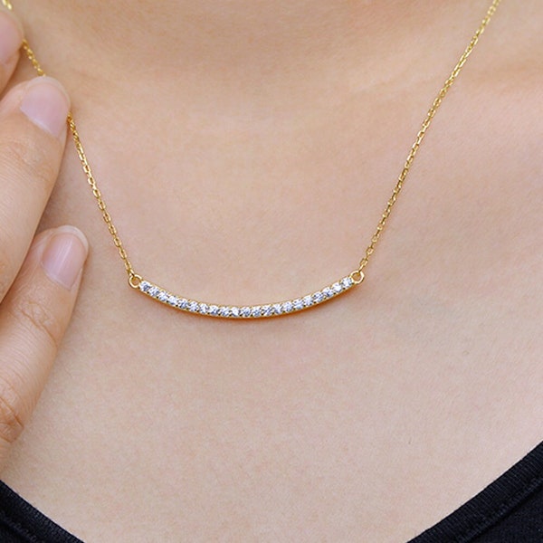 Yellow Gold Curved Minimalist Sideways Bar Pave Set CZ Cubic Zirconia 925 Sterling Silver Pendant Necklace 16 + 2" with Extender