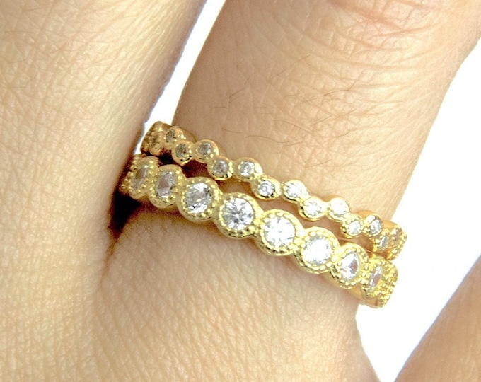 2 Piece Yellow Gold Stack Eternity Layering Band Bands Ring Bridal Wedding Ring Cubic Zirconia 925 Sterling Silver Size 4-10