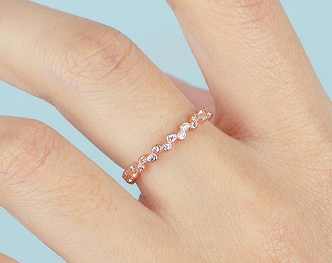 Dainty Wavy Baroque Style Zig Zag Rose Gold Eternity Stack Band Ring Bridal Ring CZ Cubic Zirconia 925 Sterling Silver 4-10