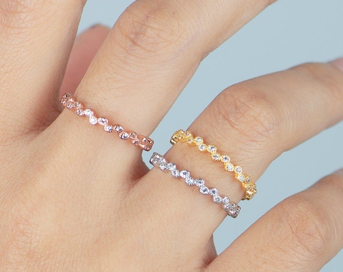 Dainty Bezel Bubble Band .30 TCW CZ Stackable Zig Zag Wavy Eternity 2 mm Silver Bridal Wedding Ring Cubic Zirconia 925 Sterling Silver