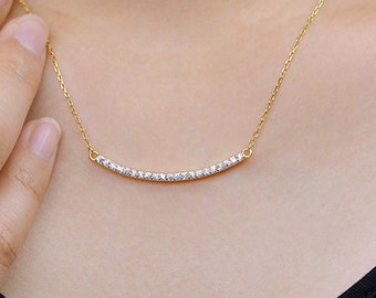 Yellow Gold Curved Minimalist Sideways Bar Pave Set CZ Cubic Zirconia 925 Sterling Silver Pendant Necklace 16 + 2" with Extender