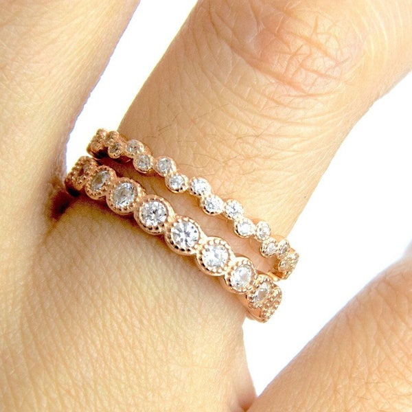 2 Piece Rose Gold Ring Set Stackable Eternity Layering Band Bands Bridal Wedding Ring Cubic Zirconia 925 Sterling Silver Size 5-10