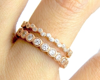 2 Piece Rose Gold Ring Set Stackable Eternity Layering Band Bands Bridal Wedding Ring Cubic Zirconia 925 Sterling Silver Size 5-10
