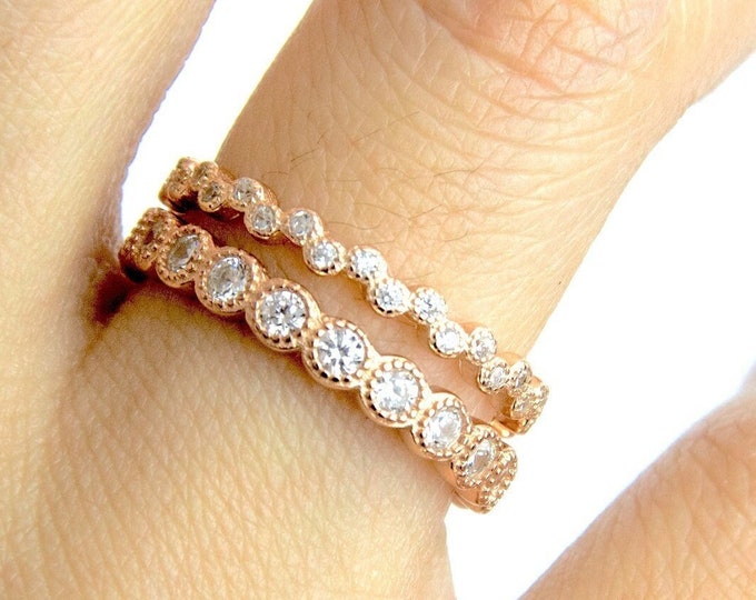 2 Piece Rose Gold Ring Set Stackable Eternity Layering Band Bands Bridal Wedding Ring Cubic Zirconia 925 Sterling Silver Size 5-10