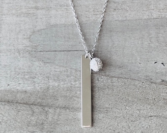 Minimalist Vertical Blank Silver Bar Tag w/ CZ Encrusted Ball Charm Pendant 925 Necklace 17 L