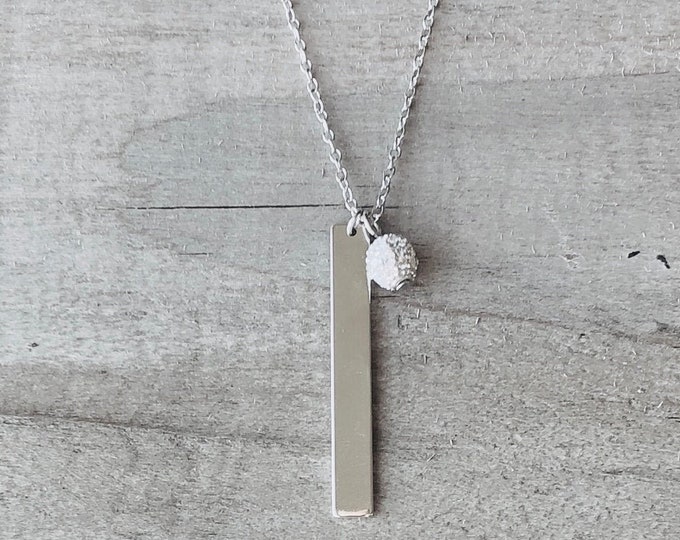 Minimalist Vertical Blank Silver Bar Tag w/ CZ Encrusted Ball Charm Pendant 925 Necklace 17 L