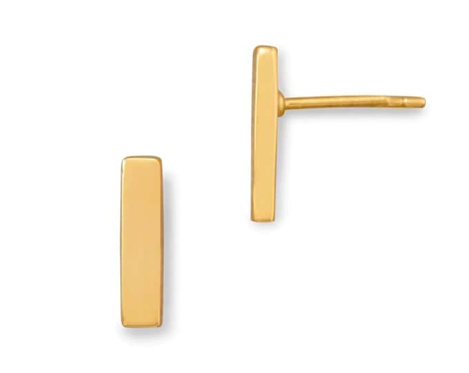 14K Yellow Gold Plated Geometric Bar Stud Earrings 925 3mm x 13mm Minimalist Jewelry