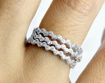 3 Piece Ring Set Silver CZ Stack Zig Zag Wavy Eternity Band Ring CZ Cubic Zirconia 925 Sterling