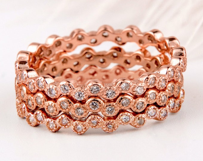 3 Piece Ring Set Rose Gold CZ Stack Zig Zag Wavy Eternity Band Ring CZ Cubic Zirconia 925 Sterling
